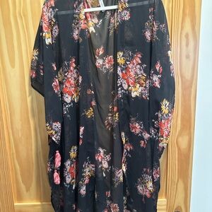 Xhilaration Sheer Floral Kimono Duster – Black – Tassel Tie – M/L